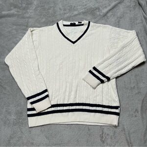 VTG Izod Cable Knit V Neck Sweater Mens L Cotton Tennis Preppy Pullover White